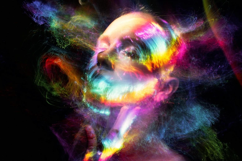 a man with colorful smoke coming out of his face, digital art, glowing aura around her, packshot, tripping on lsd, lowres