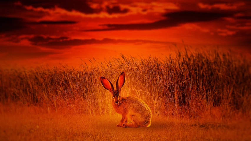 a rabbit that is sitting in the grass, shutterstock contest winner, fantastic realism, burning red desert horizon, high quality fantasy stock photo, nuclear sunset, hell on earth