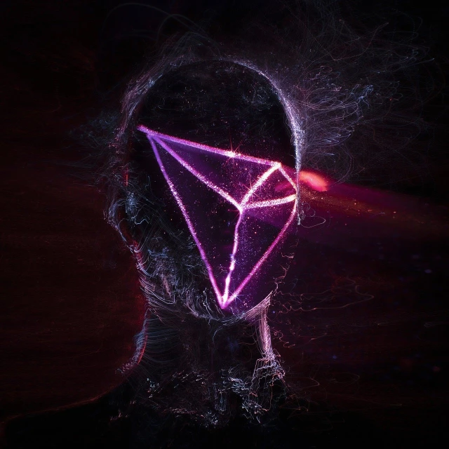 a close up of a person with a neon light on their face, digital art, 3 d of the ethereum symbol, tron, album cover concept art, infini - d - render