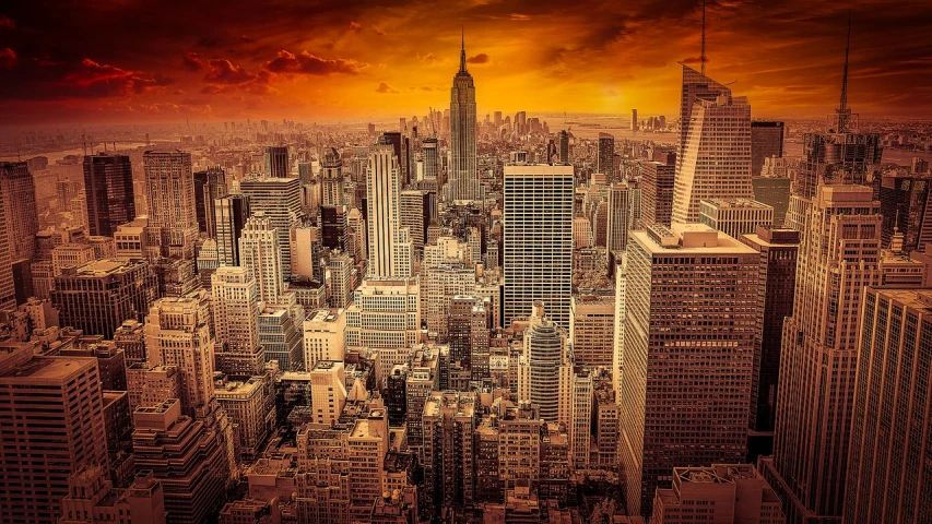 a view of a city from the top of a building, by derek zabrocki, shutterstock, art deco, post apocalyptic new york, red stormy sky, stock photo