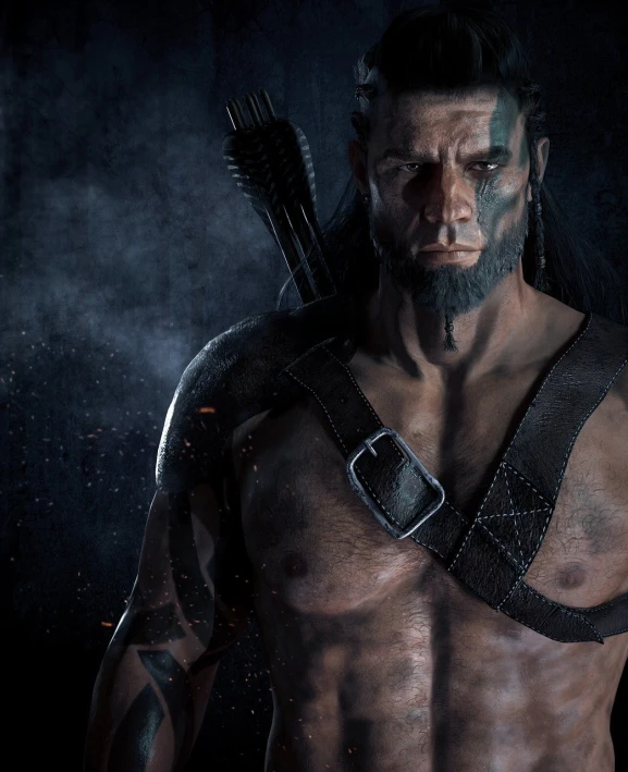 a close up of a man with a bow and arrow, a character portrait, featured on zbrush central, unreal engine 4k wallpaper, muscular werewolf, johnny silverhand, technoviking male with no shirt