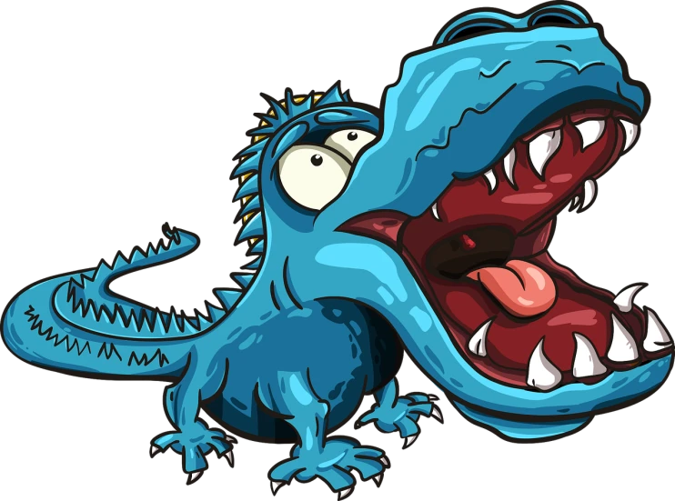 a cartoon blue dinosaur with its mouth open, an illustration of, inspired by Abidin Dino, shutterstock, on black background, giant angry rat, high detail illustration, alligator