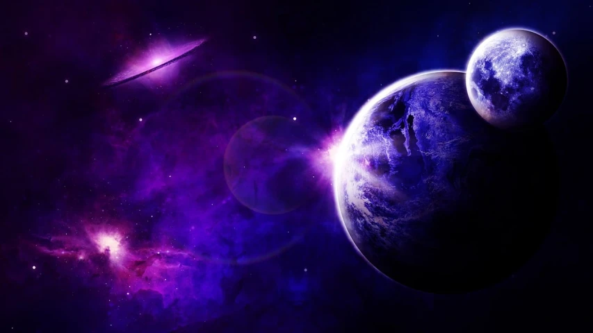 a couple of planets that are in the sky, a picture, space art, blue and purle lighting, beautiful high resolution, soft purple glow, breath taking