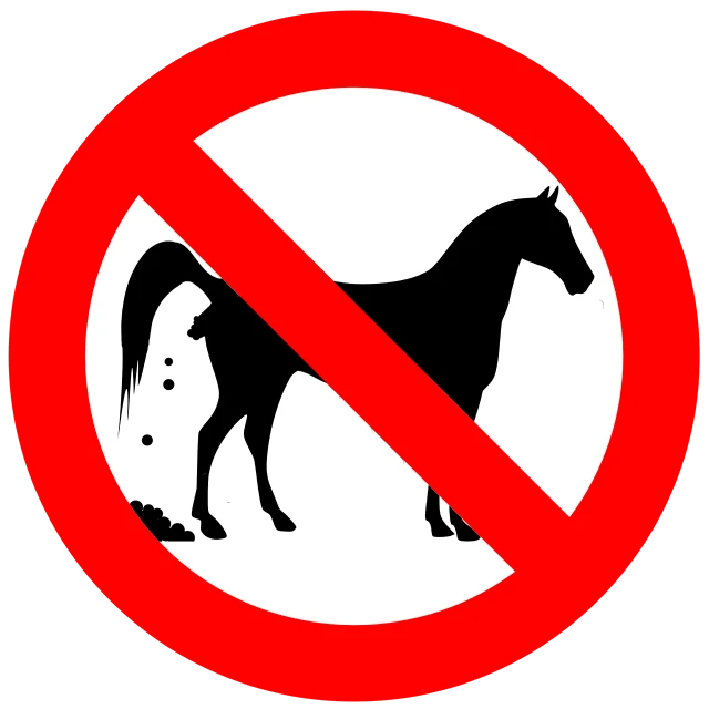a no horse sign on a black background, an illustration of, pixabay, plasticien, poop, hybrid of mouse and horse, getty images, oversized_hindquarters