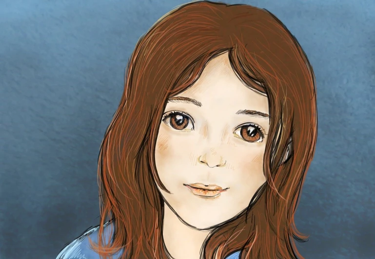 a drawing of a woman with long red hair, a digital painting, inspired by Claire Hummel, deviantart contest winner, short brown hair and large eyes, kids book illustration, coloured in blueberra and orange, clara oswald