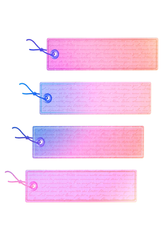 three tags sitting next to each other on a black background, a digital rendering, inspired by Peter Alexander Hay, conceptual art, pink and blue gradients, iridescent texture, 1849, detailed string text