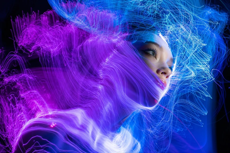 a close up of a person with long hair, digital art, ultraviolet light, wisps of energy in the air, electric woman, energized face