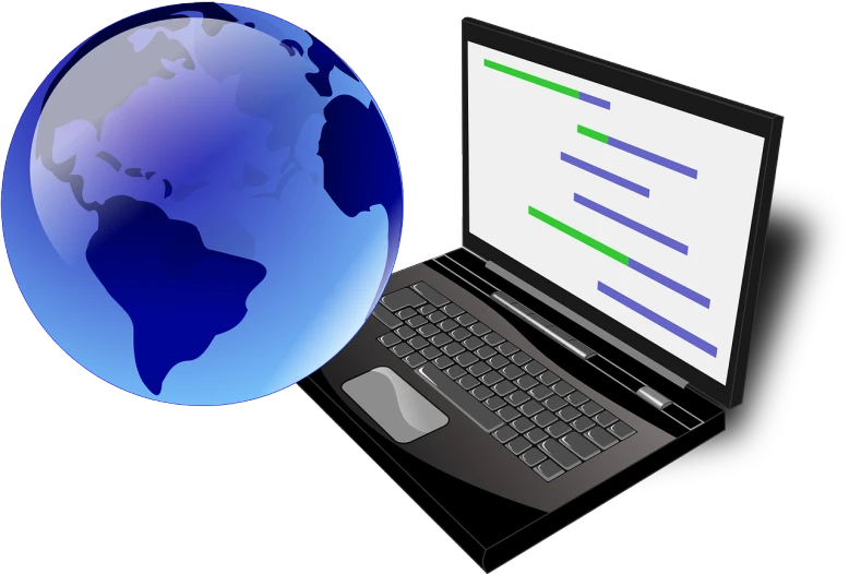 a laptop computer with a globe next to it, a computer rendering, vectorized, stretch, rails, online