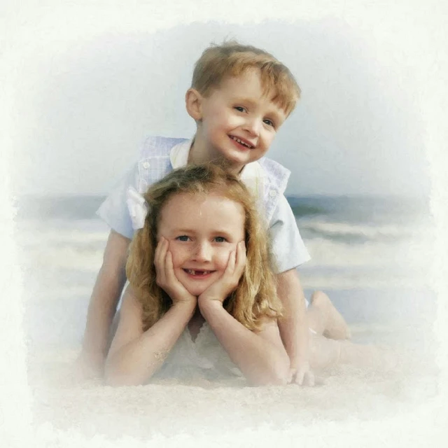 a couple of kids laying on top of each other, a picture, by Linda Sutton, digital art, beach pic, high detail portrait photo, watercolor style, smooth in _ the background