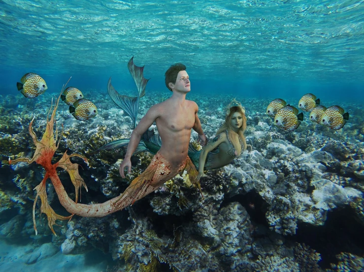 a man that is standing in the water with a mermaid, a colorized photo, renaissance, underwater with coral and fish, realistic cgi render, nina agdal, male and female