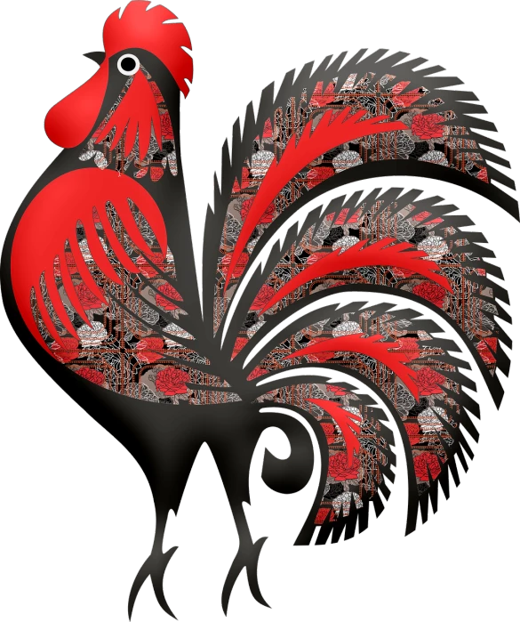 a red and black rooster on a black background, a digital rendering, by Ingrida Kadaka, decorated with russian motifs, beijing, 8k!!, woodstock