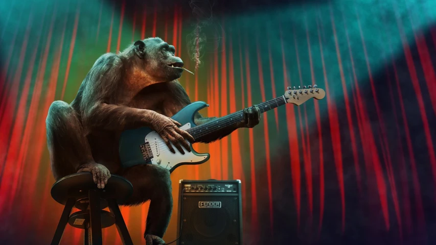 a monkey sitting on a stool playing a guitar, an album cover, by Wayne England, trending on cgsociety, furry art, in style of primal apes, performing on stage, alexey egorov, wallpaper”