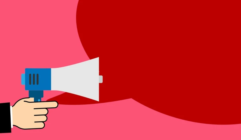 a hand holding a blue and white megaphone, a picture, pop art, pink and red color style, simple red background, talking, wide screenshot
