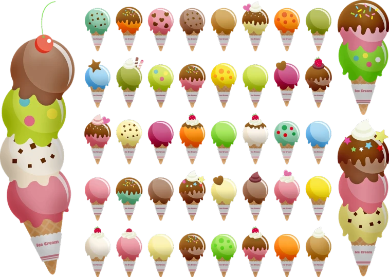 a bunch of ice cream cones with different toppings, concept art, flickr, black!!!!! background, icon pack, 3 2 x 3 2, balloon