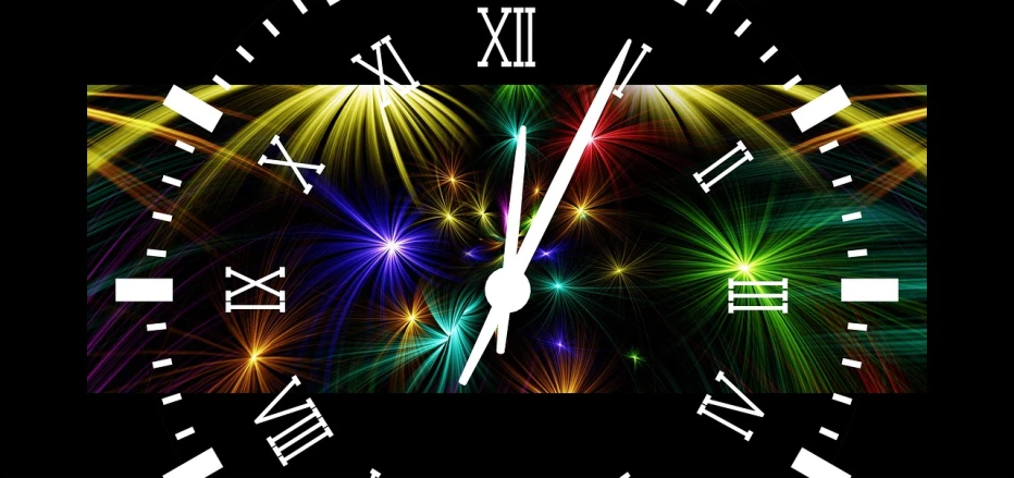 a close up of a clock with fireworks in the background, a digital rendering, by Andrei Kolkoutine, pixabay, multicolored vector art, loadscreen, rectangle, wide screenshot
