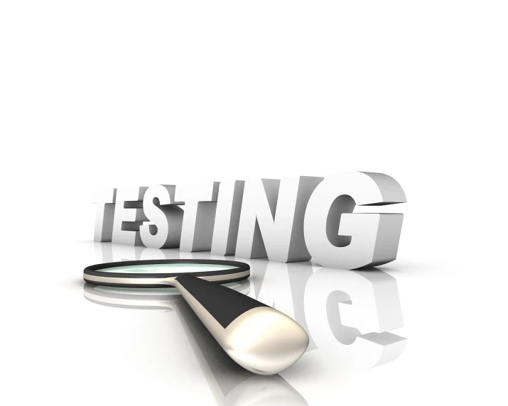 a magnifying glass next to the word testing, a digital rendering, high res photo, background is white, good shading, launch test