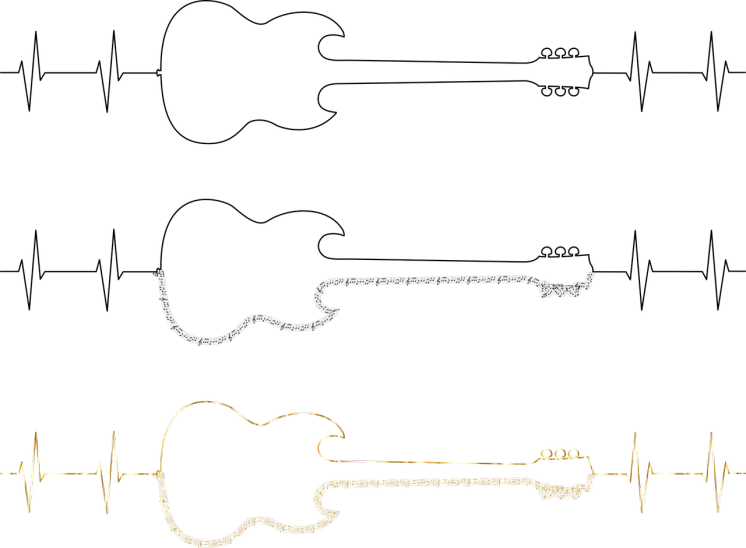 a heart beater and a guitar on a black background, inspired by John McLaughlin, gold and gems, transparent backround, background bar, relaxed. gold background