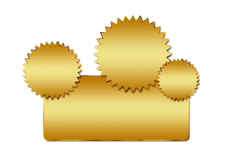 three golden stars on a black background, inspired by Shūbun Tenshō, digital art, sawblade border, on a reflective gold plate, logo without text, suns