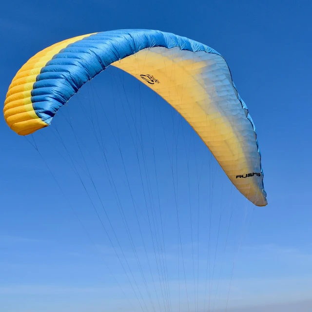 a person parasailing in the sky on a sunny day, a picture, hurufiyya, blue and yellow fauna, modern high sharpness photo