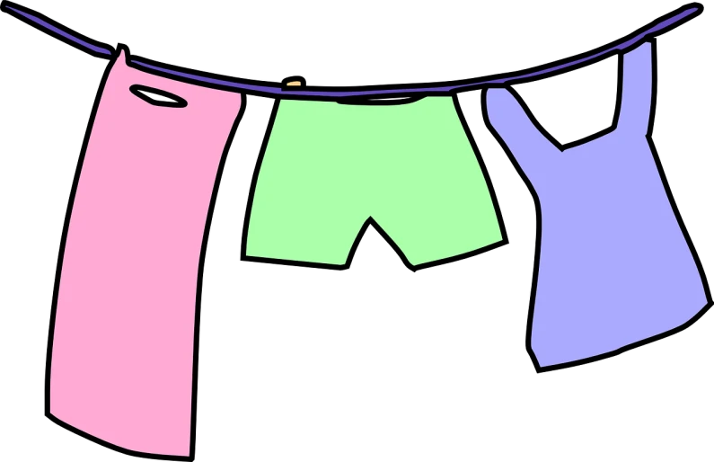 clothes hanging out to dry on a clothes line, a screenshot, by Allen Jones, pixabay, happening, on a flat color black background, panties, vivid cartoony colors, mauve and cyan