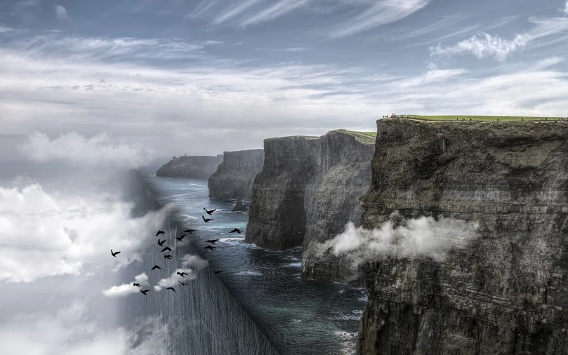 a group of birds flying over a cliff, by Etienne Delessert, pexels contest winner, surrealism, ireland, realistic photo from nasa, dramatic ”