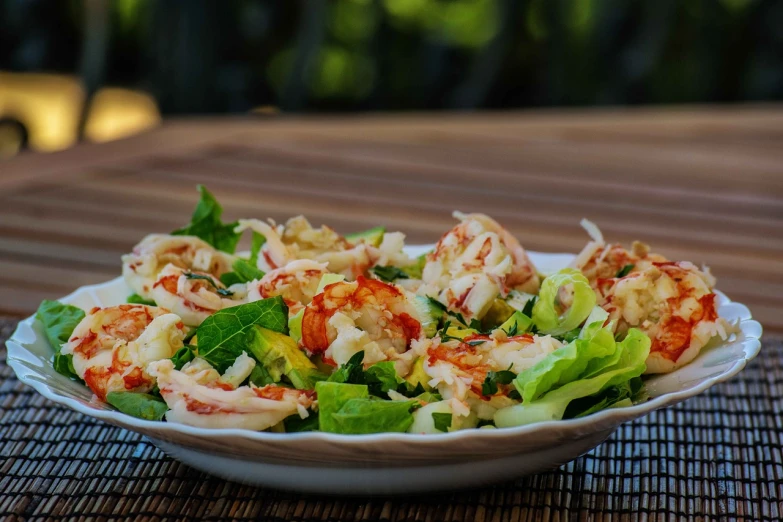 a close up of a plate of food on a table, a picture, pixabay, mingei, headcrab, salad and white colors in scheme, in style of lam manh, summer day