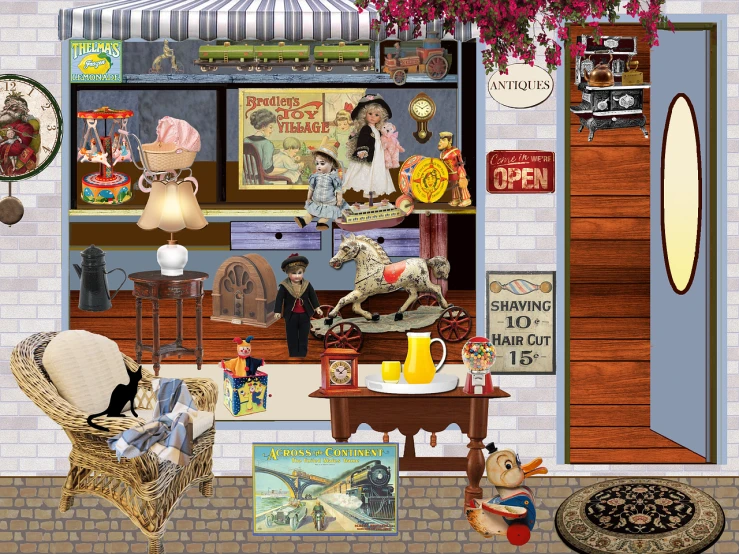 a cat sitting on a chair in front of a store, a digital rendering, naive art, many treasures, doll house, people shopping, in an attic