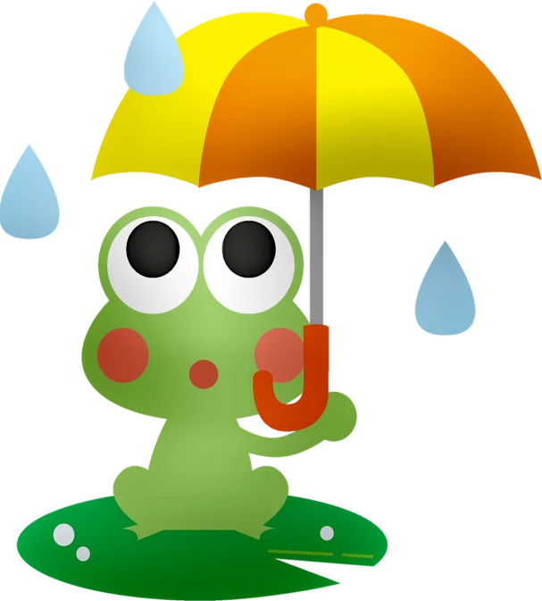 a frog holding an umbrella in the rain, by Jenaro de Urrutia Olaran, pixabay, conceptual art, clip-art, on black background, kawaii, toddler