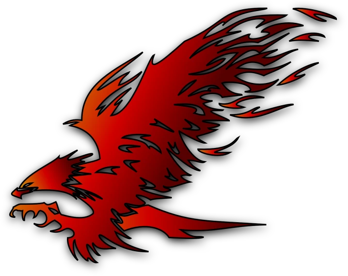 a red and black bird flying through the air, a tattoo, pixabay, fire elemental, high school mascot, banner, high res photo