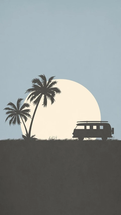 a van parked on top of a hill next to a palm tree, vector art, by Dean Ellis, shutterstock contest winner, conceptual art, miami. illustration, half moon, screen print, microbus