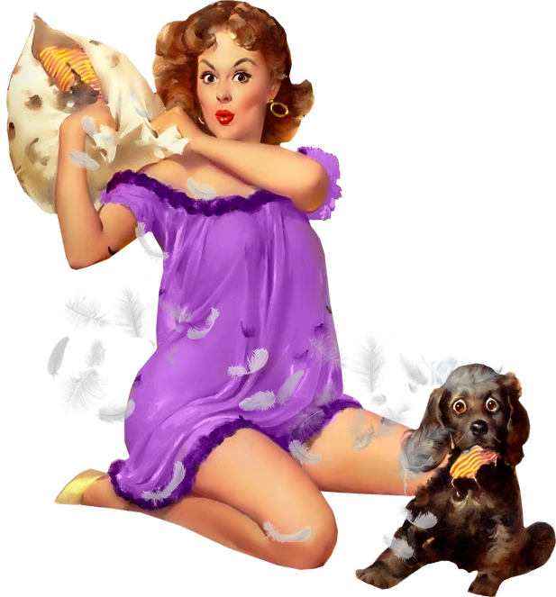 a woman in a purple dress sitting next to a dog, inspired by Gil Elvgren, flickr, pop art, fred flintstone eating tamales, sweet dreams, digital rendering, fluffy!!!