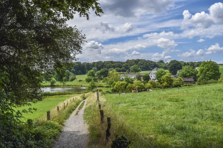 a dirt path leading through a lush green field, a picture, by Troels Wörsel, shutterstock, dutch houses along a river, detmold charles maurice, leading to a beautiful, relaxing