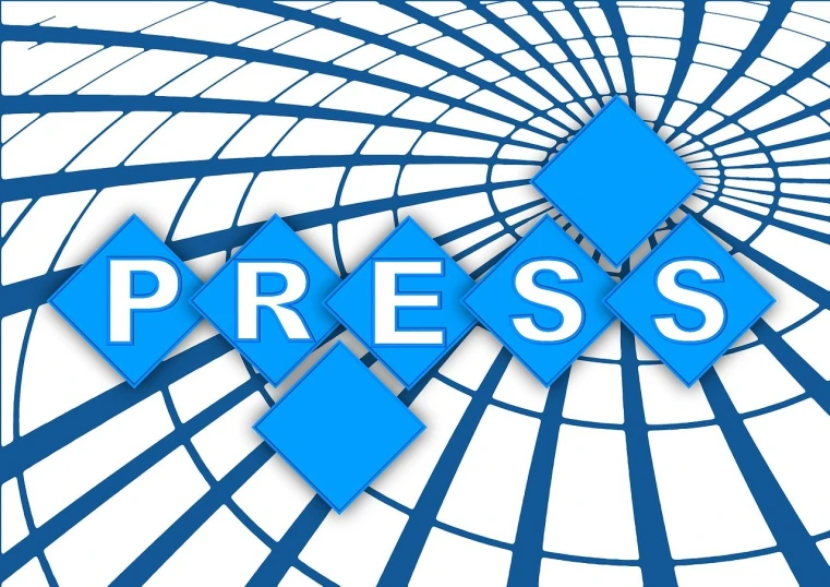 a blue and white sign that says press, a digital rendering, by Konrad Witz, trending on pixabay, private press, deck, ripple, stress, compression