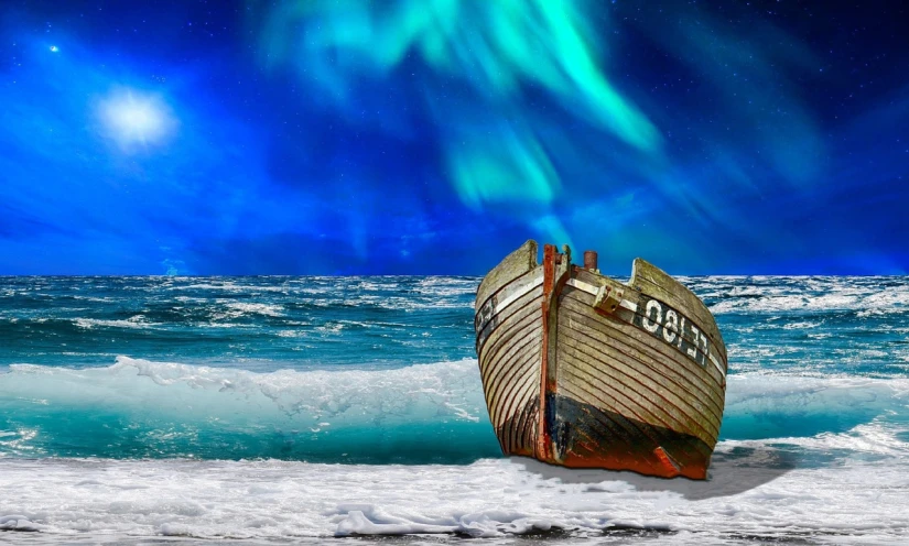 a boat sitting on top of a beach next to the ocean, a matte painting, by Igor Grabar, trending on pixabay, surrealism, aurora borealis on background, north pole, amazing contrasting background, stock photo