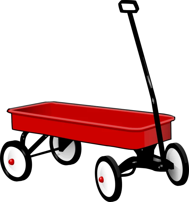 a red wagon with white wheels on a black background, pixabay, full colored, toddler, black steel with red trim, monochrome 3 d model