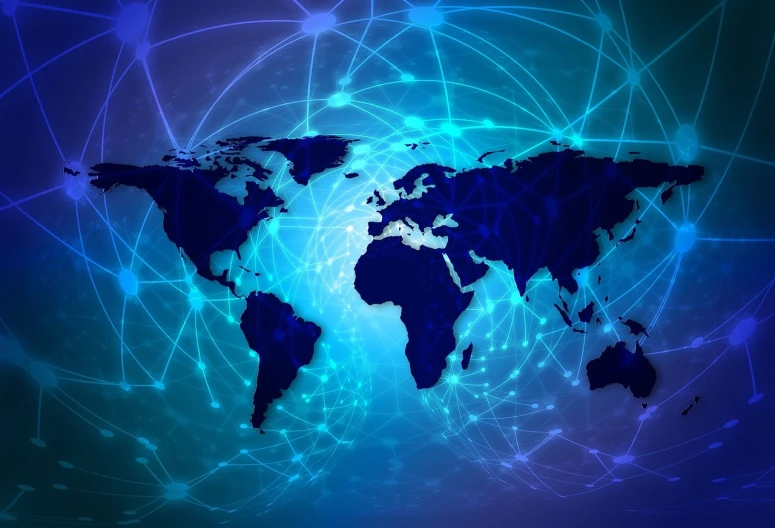 a map of the world on a blue background, an illustration of, by Daniel Schultz, shutterstock, digital art, immersed within a network, computer wallpaper, stock photo