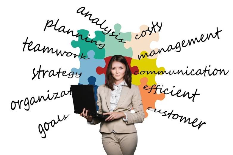 a woman in a business suit holding a laptop, pixabay, analytical art, words, integration, white bg, maintenance photo