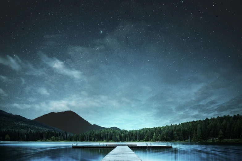 a dock in the middle of a lake at night, a matte painting, shutterstock, minimalism, star(sky) starry_sky, overlooking a vast serene forest, whistler, high resolution details