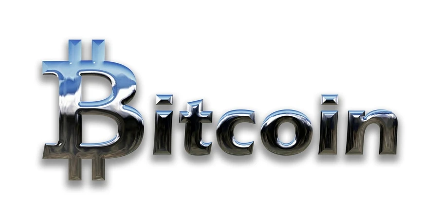 a bitcoin logo on a white background, a digital rendering, pixabay, _3d-terms_, word, chrome, high res photo