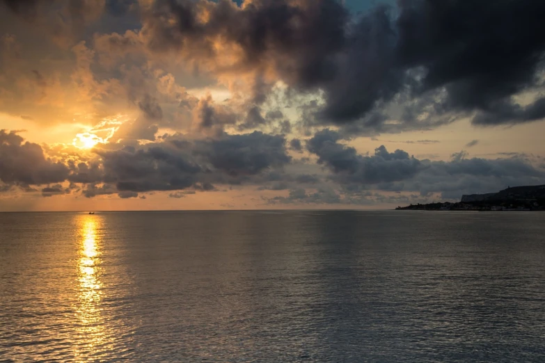 a large body of water under a cloudy sky, a picture, by Alexander Fedosav, pexels, romanticism, sunset panorama, jamaica, photo taken with sony a7r camera, gulf of naples