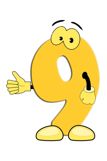 a cartoon number nine with a smiley face, a stock photo, by Andrei Kolkoutine, pixabay, figuration libre, with pointing finger, the mystery of the quotient, on a flat color black background, snake