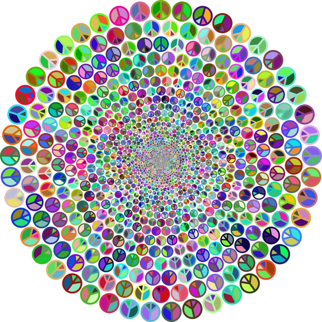 a multicolored circle of peace signs on a black background, a digital rendering, by Jon Coffelt, generative art, pills, [ bubbles, colorful computer screen, top of art