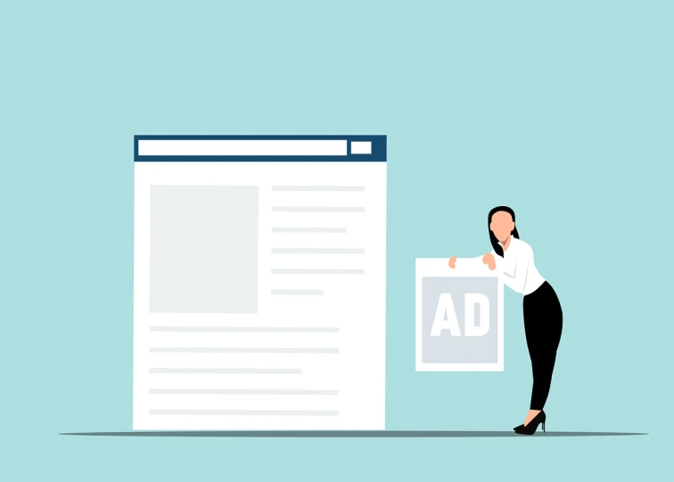 a woman standing next to a large ad sign, an illustration of, shutterstock, newspaper illustration, responsive, ad, in front of the internet