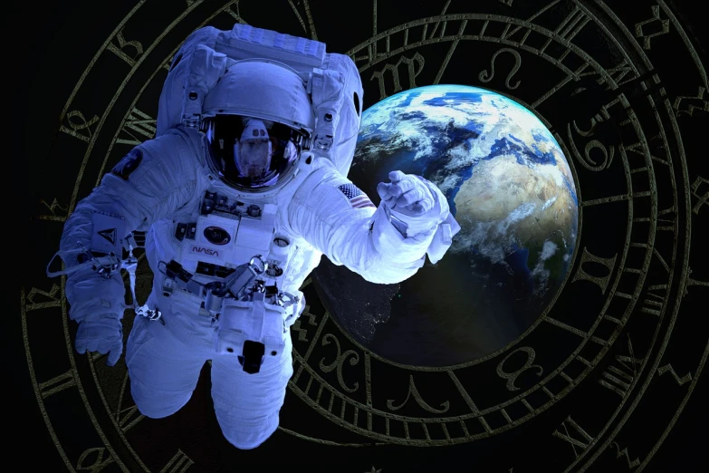 an astronaut in a space suit in front of a clock, a photo, trending on pixabay, space art, unknown zodiac sign, with earth in the background, bottom angle, stock photo