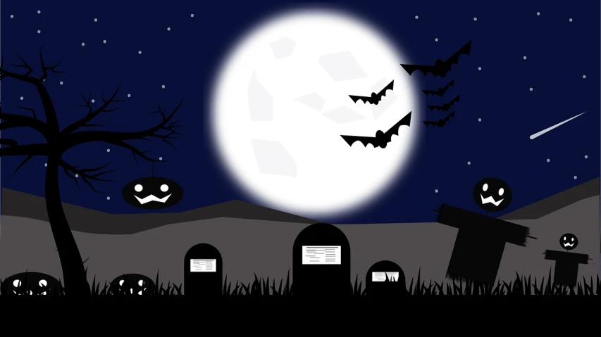 a group of tombstones in front of a full moon, an illustration of, bat, an illustration, card, simple illustration