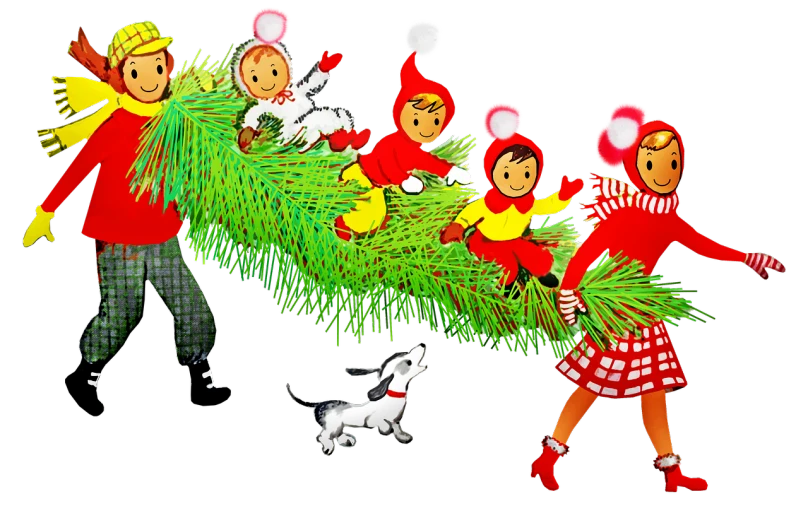 a group of children standing next to a christmas tree, a digital rendering, flickr, naive art, 1 9 7 0 cut out collage, leaping from babaob tree, closeup - view, black fir