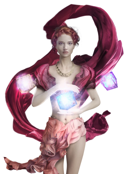 a woman in a pink dress holding a crystal ball, a digital rendering, inspired by Luma Rouge, jeweled costume, albino mystic, square enix, gorgeous stella maeve magician