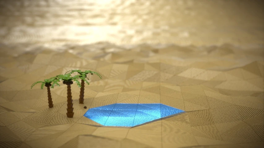 a blue kite sitting on top of a sandy beach, a low poly render, polycount contest winner, conceptual art, illuminated pool, water reflection on the floor, the palms come from the depths, highly detailed refraction