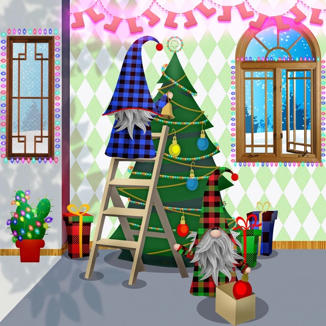 a gnome sitting on a ladder next to a christmas tree, a digital rendering, naive art, traditional korean interior, style of inside game, old gigachad with grey beard, elves