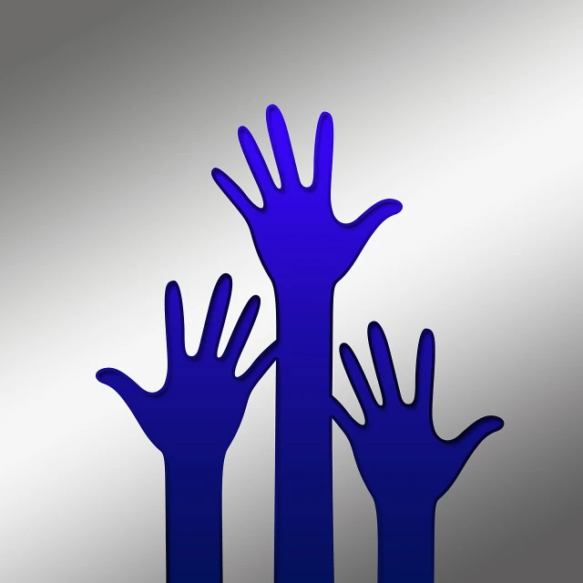 a group of hands reaching up into the air, a picture, conceptual art, blue and silver colors, simple illustration, family photo, help me